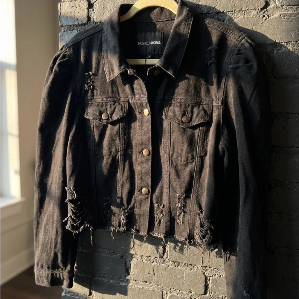 Fashion Nova Charcoal Distressed Jean Jacket